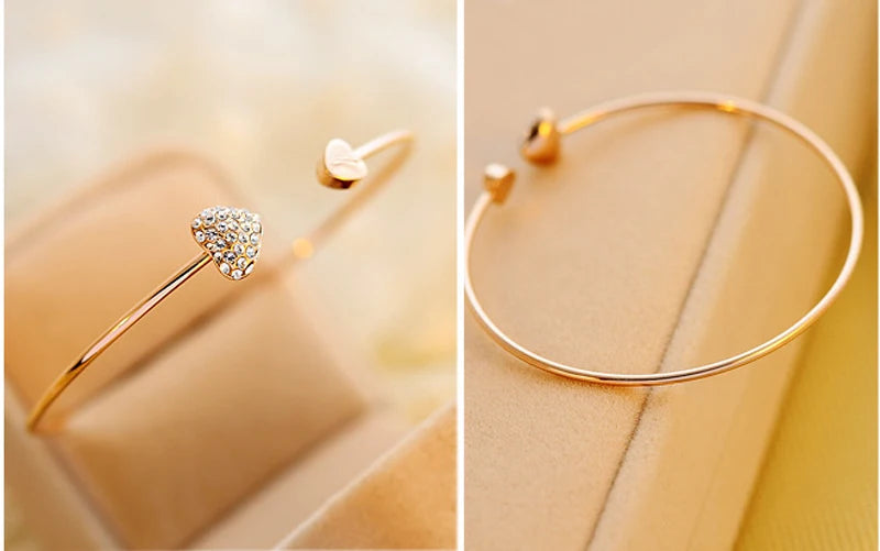 SUMENG New Arrival 2024 Fashion Adjustable Crystal Double Heart Bow Bilezik Cuff Opening Bracelet For Women Jewelry Gifts