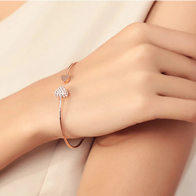 SUMENG New Arrival 2024 Fashion Adjustable Crystal Double Heart Bow Bilezik Cuff Opening Bracelet For Women Jewelry Gifts