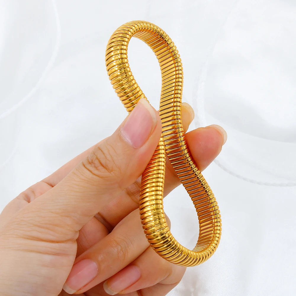 304L Stainless Steel Elastic Bracelet Women 18k Gold Plated Charm Punk Wide Chunky Metal Spiral Bangle pulseras Waterproof