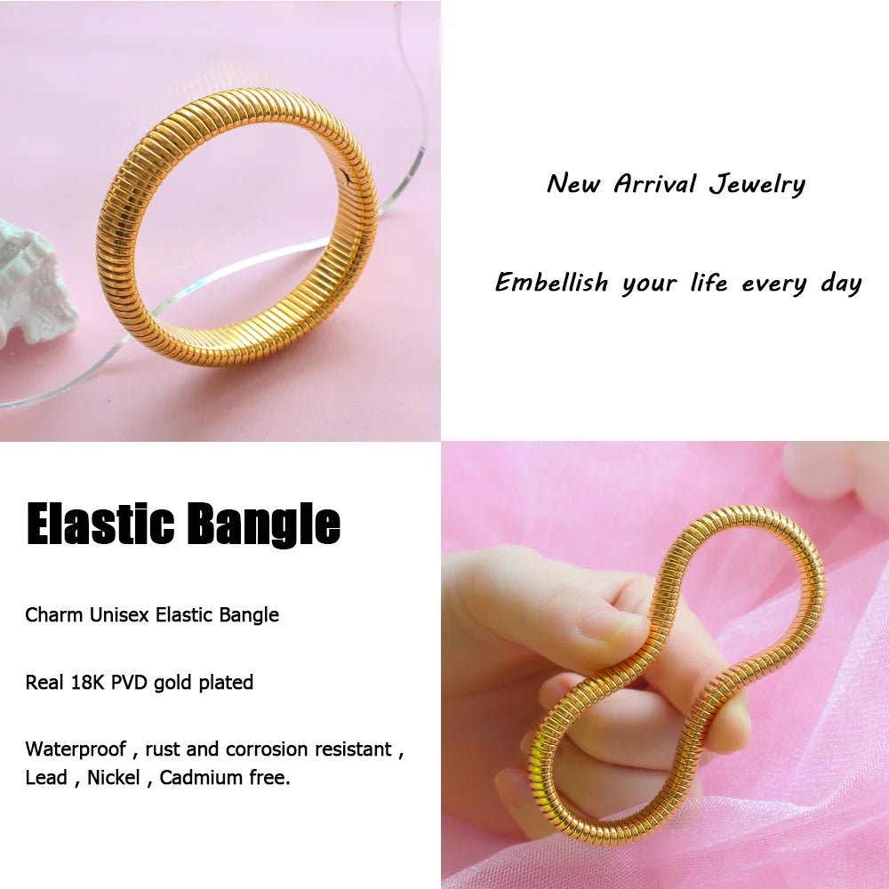 304L Stainless Steel Elastic Bracelet Women 18k Gold Plated Charm Punk Wide Chunky Metal Spiral Bangle pulseras Waterproof