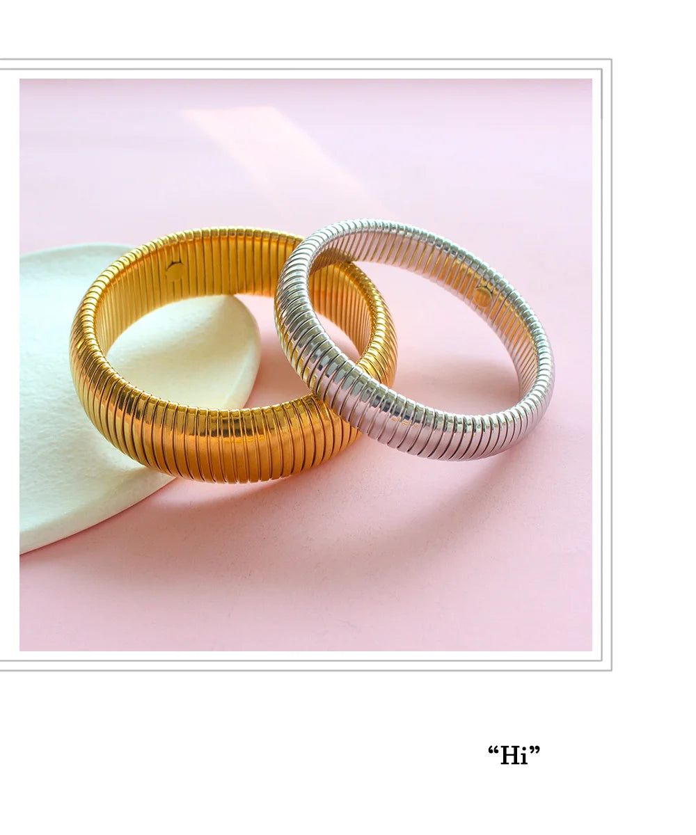304L Stainless Steel Elastic Bracelet Women 18k Gold Plated Charm Punk Wide Chunky Metal Spiral Bangle pulseras Waterproof