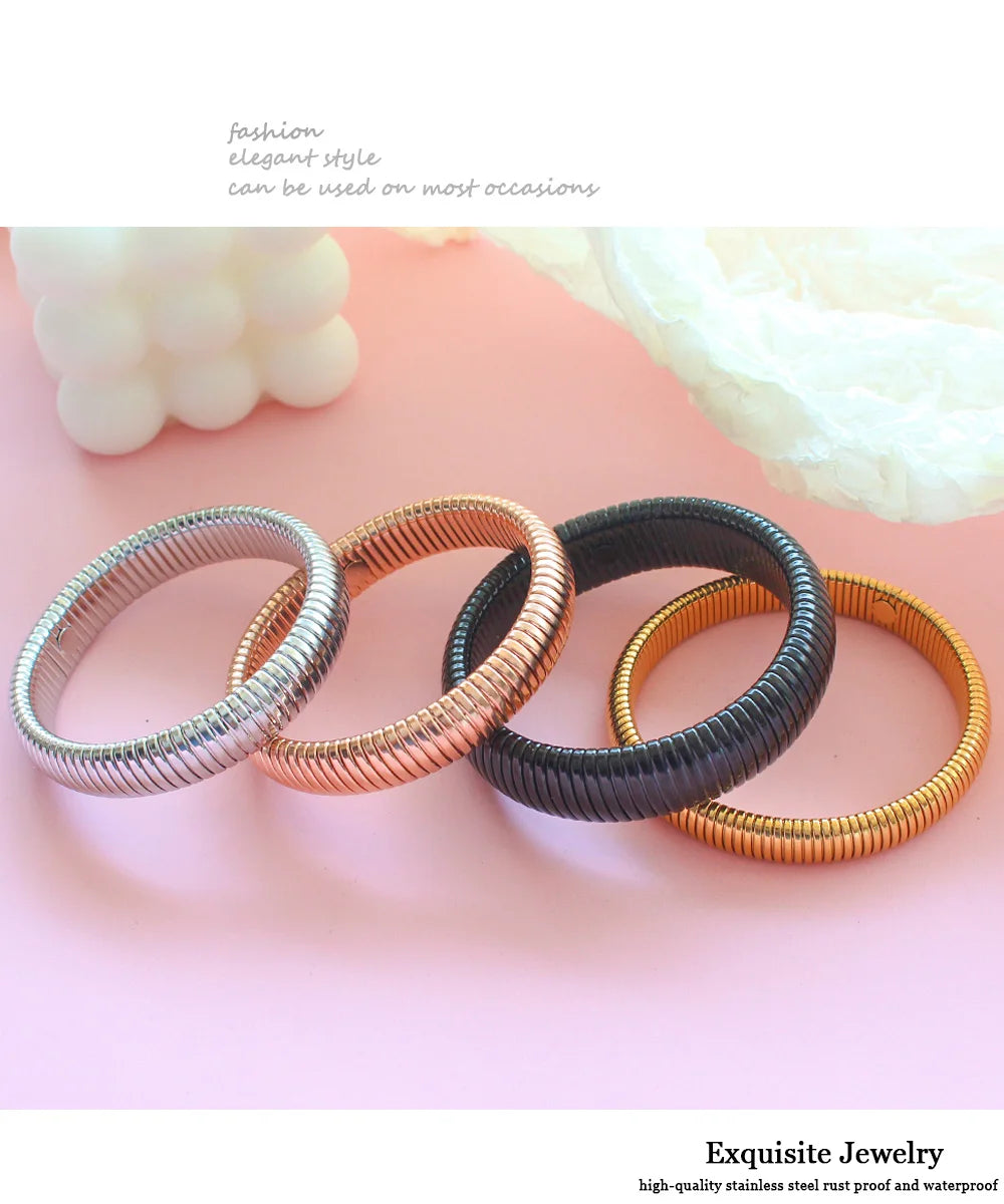 304L Stainless Steel Elastic Bracelet Women 18k Gold Plated Charm Punk Wide Chunky Metal Spiral Bangle pulseras Waterproof