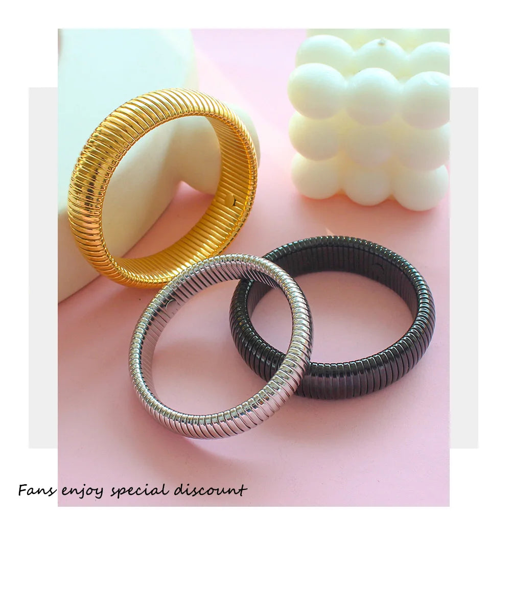 304L Stainless Steel Elastic Bracelet Women 18k Gold Plated Charm Punk Wide Chunky Metal Spiral Bangle pulseras Waterproof