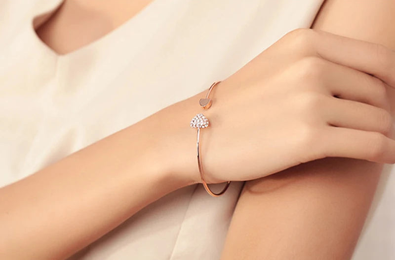 SUMENG New Arrival 2024 Fashion Adjustable Crystal Double Heart Bow Bilezik Cuff Opening Bracelet For Women Jewelry Gifts